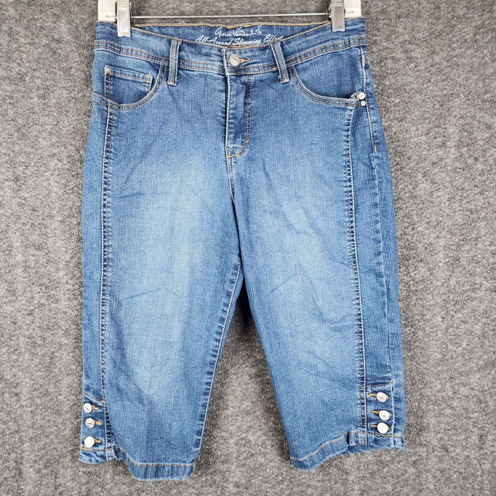 Gloria Vanderbilt Skimmer Capri Jeans Womens 8P Blue Slimming Button Hem Detail